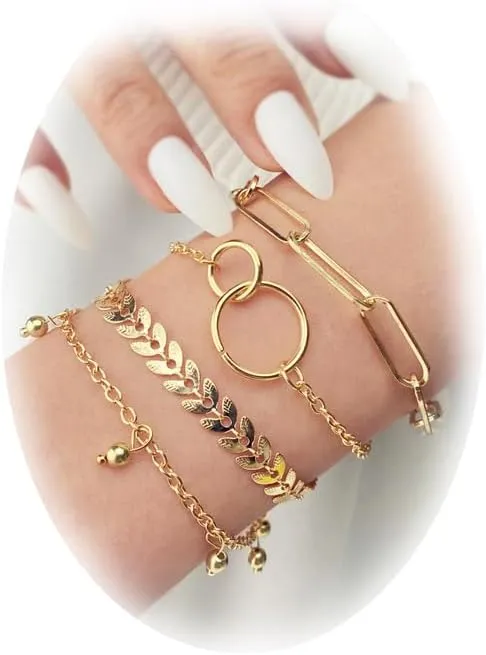 4 Pieces Gold Bracelets For Women Adjustable Stackable Cuban Chain Bracelet Beaded Gold Bracelet Jewelry (Gold)