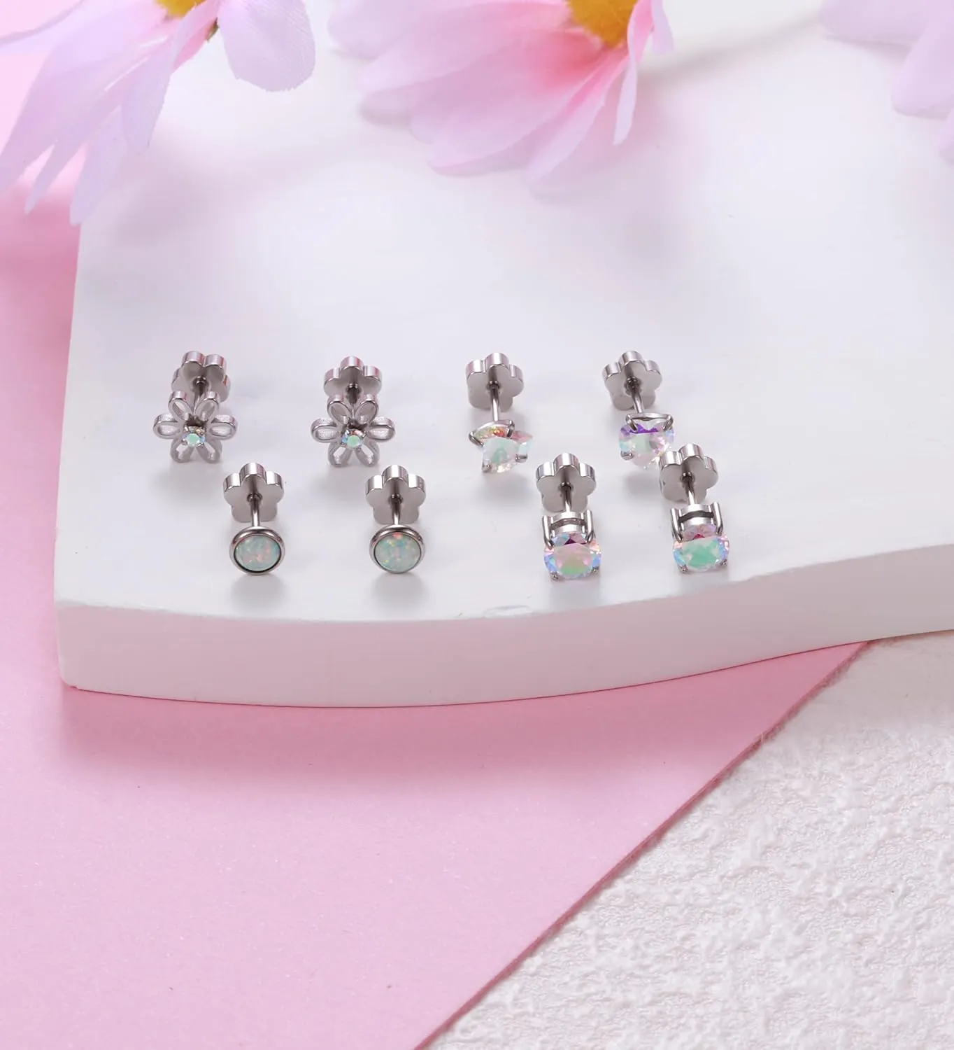 4Pairs Hypoallergenic Screw Back Earrings for Women 14k Gold Surgical Steel Flat Back Earrings Opal CZ Flower Heart Cartilage Earring for Sensitive Skin 20G Handmade Nap Earrings Studs Silver AB CZ