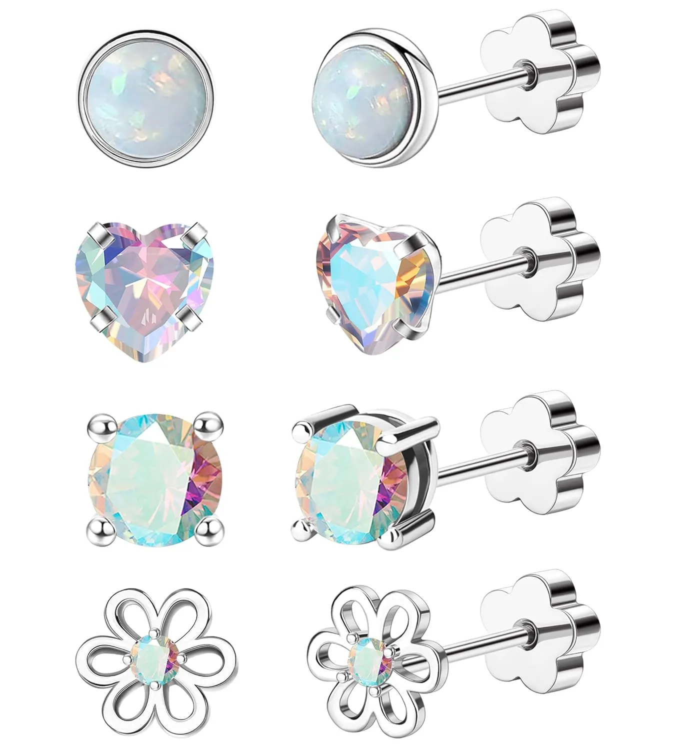 4Pairs Hypoallergenic Screw Back Earrings for Women 14k Gold Surgical Steel Flat Back Earrings Opal CZ Flower Heart Cartilage Earring for Sensitive Skin 20G Handmade Nap Earrings Studs Silver AB CZ