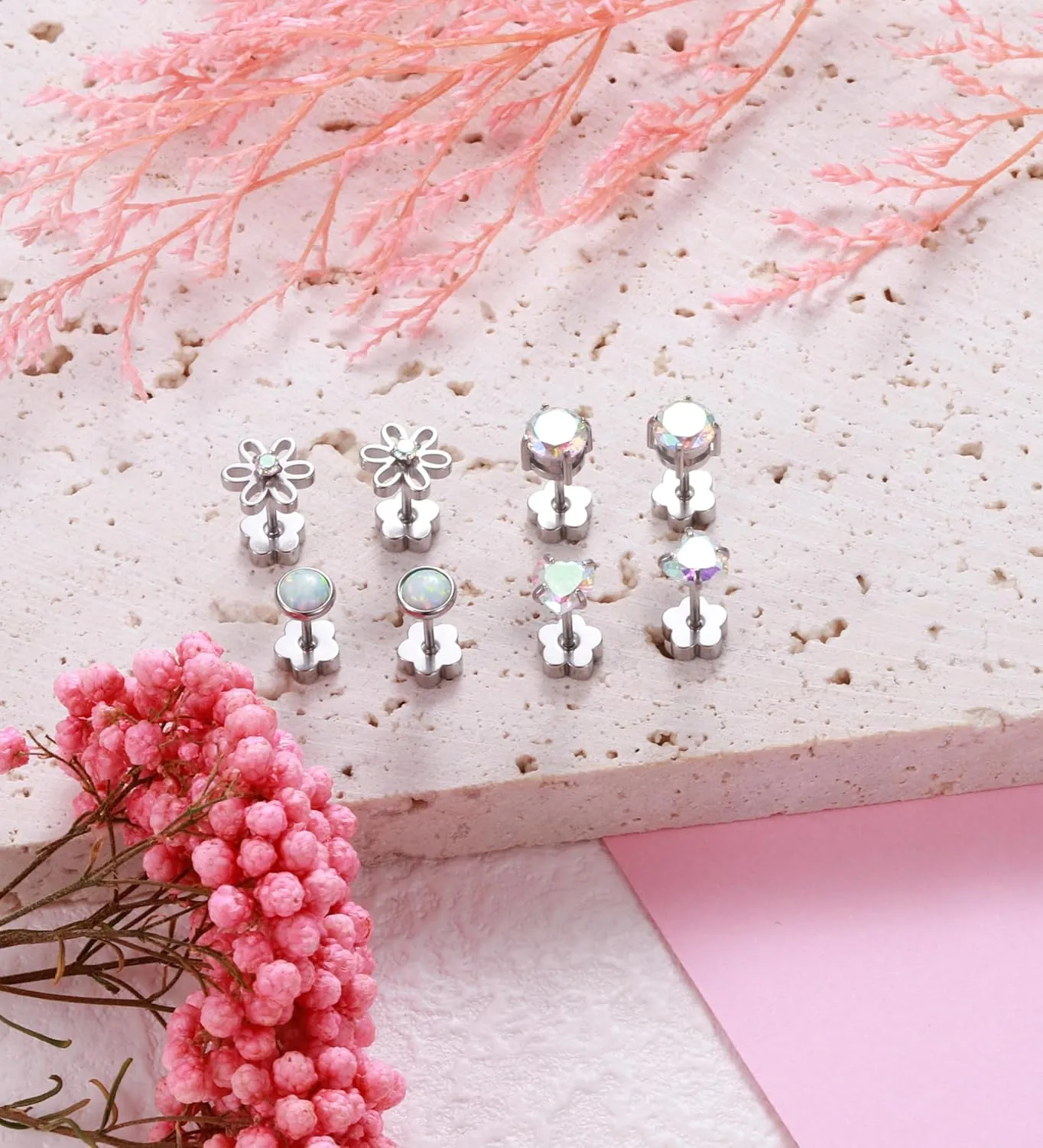 4Pairs Hypoallergenic Screw Back Earrings for Women 14k Gold Surgical Steel Flat Back Earrings Opal CZ Flower Heart Cartilage Earring for Sensitive Skin 20G Handmade Nap Earrings Studs Silver AB CZ