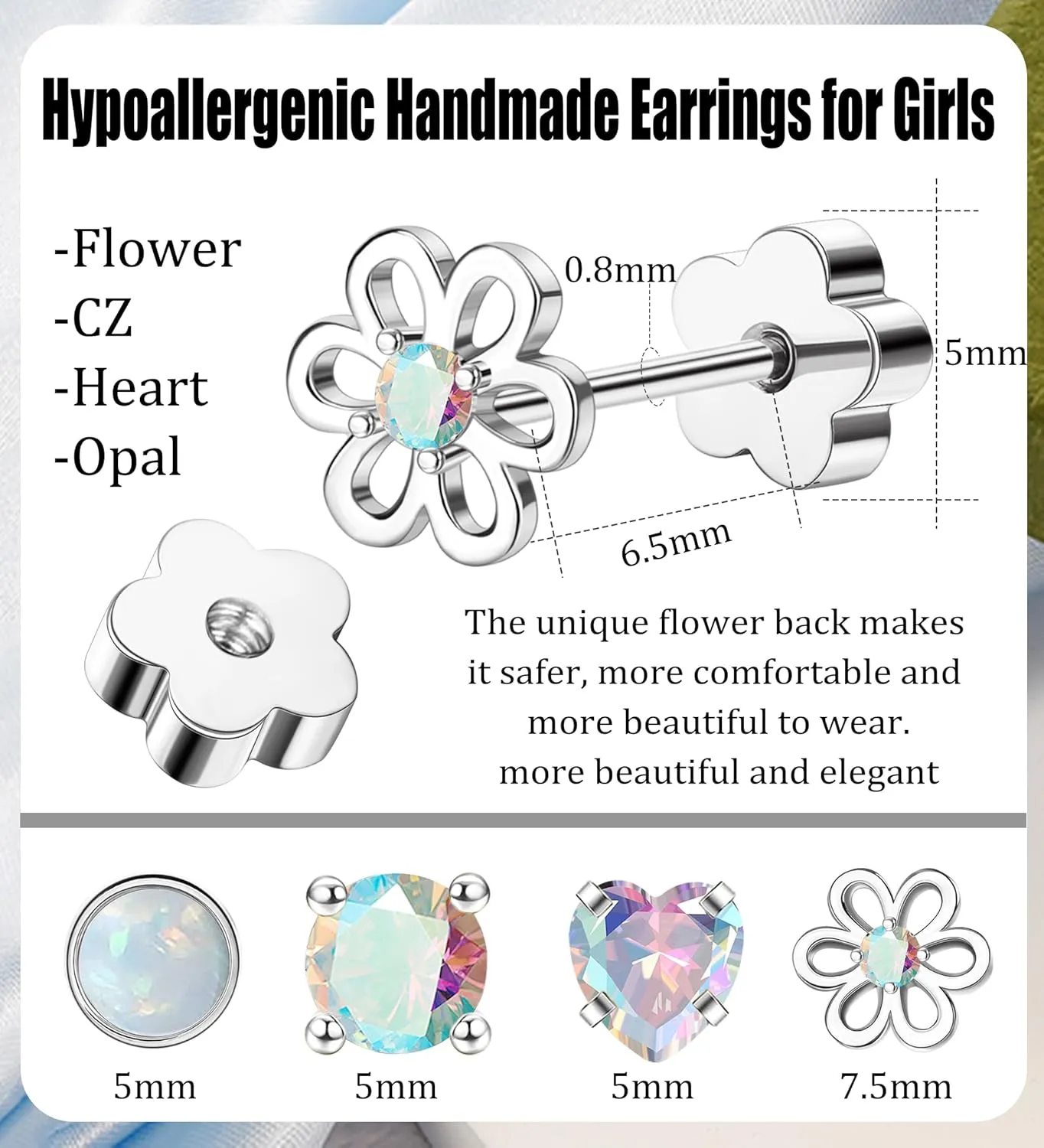 4Pairs Hypoallergenic Screw Back Earrings for Women 14k Gold Surgical Steel Flat Back Earrings Opal CZ Flower Heart Cartilage Earring for Sensitive Skin 20G Handmade Nap Earrings Studs Silver AB CZ