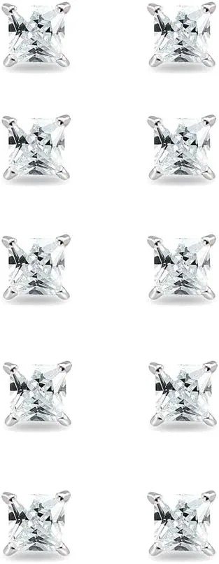 5-Pair Set Sterling Silver Cubic Zirconia Princess-Cut 6mm Square Stud Earrings