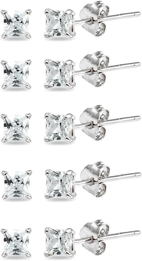 5-Pair Set Sterling Silver Cubic Zirconia Princess-Cut 6mm Square Stud Earrings