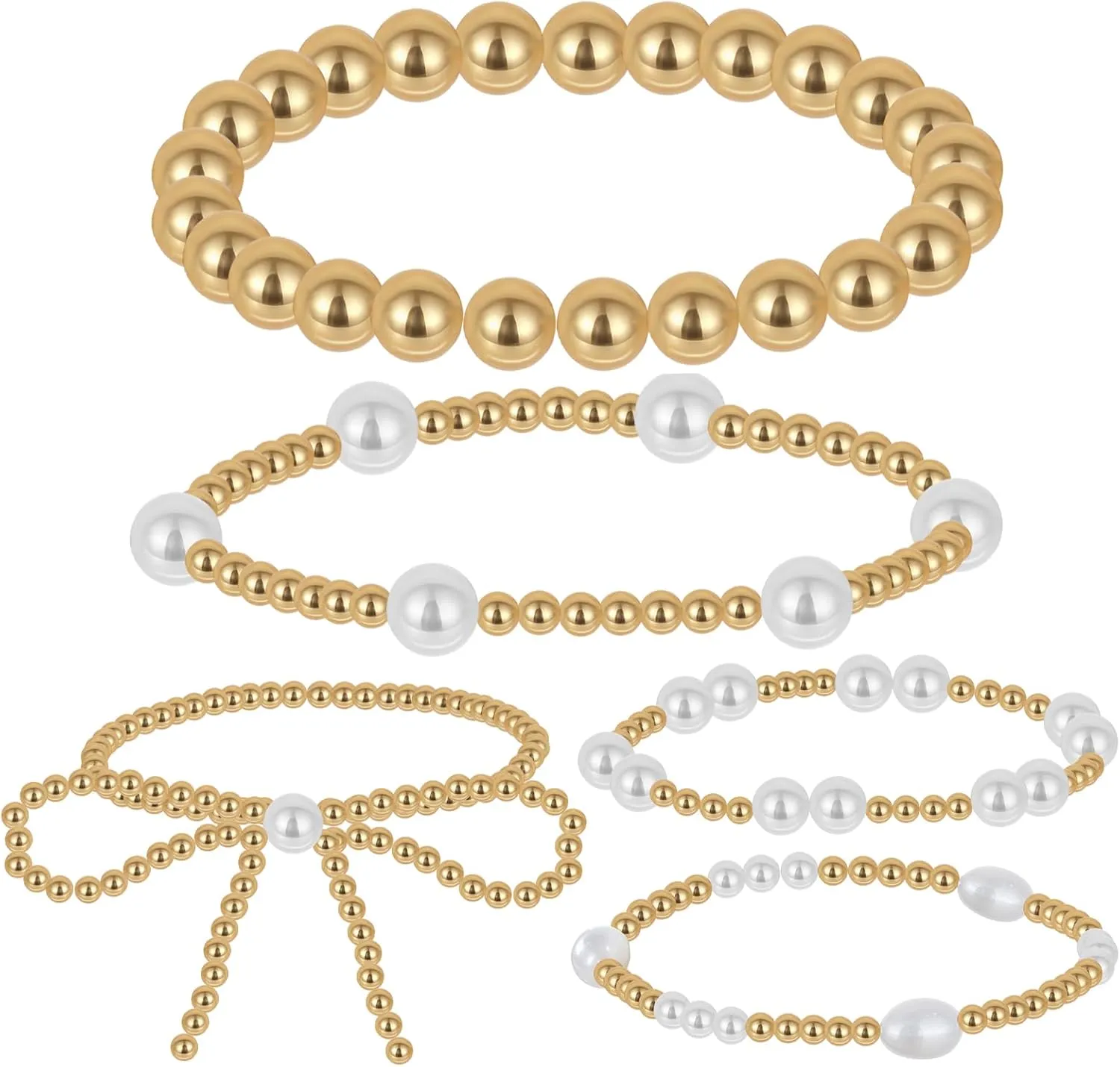 5 Pcs Gold Bow Bracelets for Women, Gold Plated Beaded Bracelets Set Elegant Stretch Bead Ball Bracelets Adjustable Pearl Stackable Bracelet Jewelry Accessories