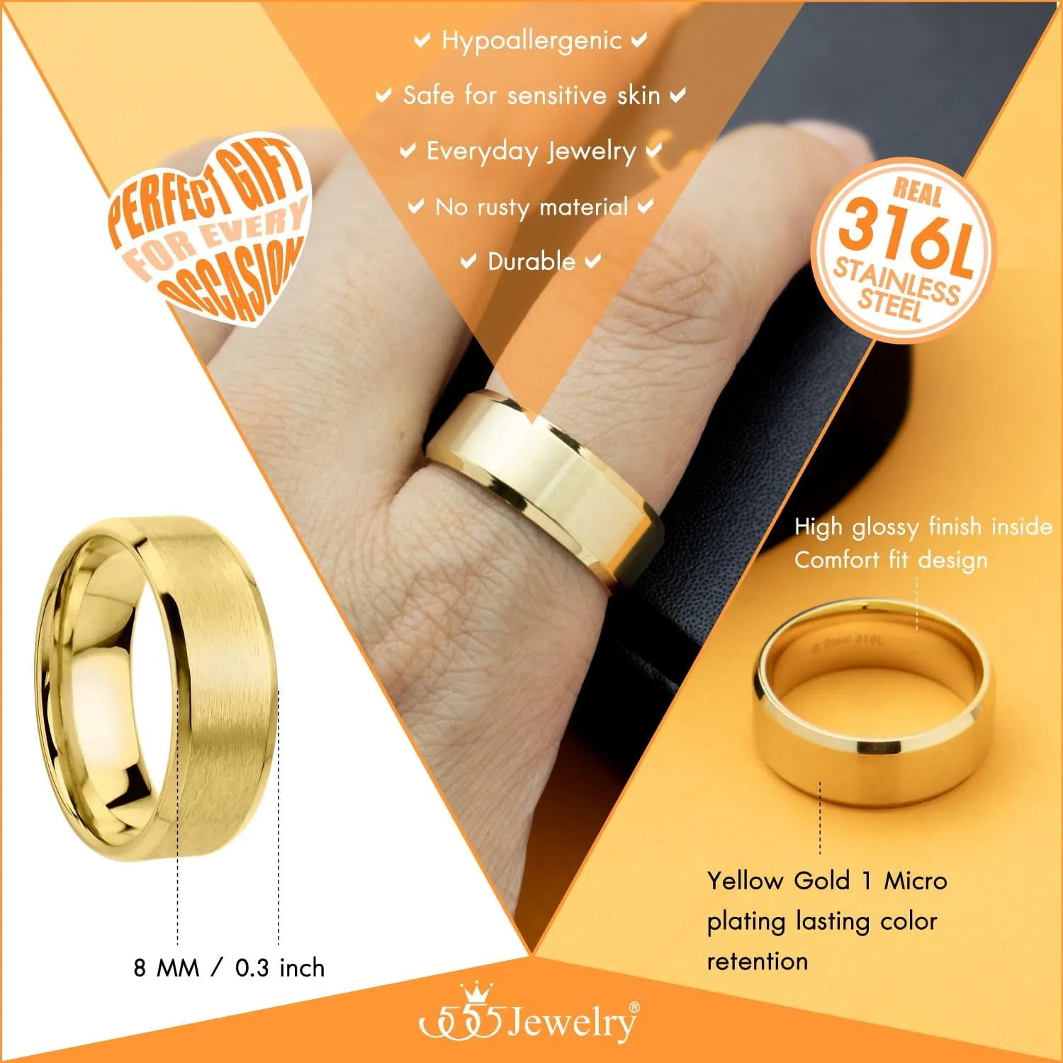 555Jewelry Stainless Steel Rings for Women Mens Wedding Band Matte Brushed or High Polished Wedding Band for Man Plain Dome Mens Rings US Size 7.5-12