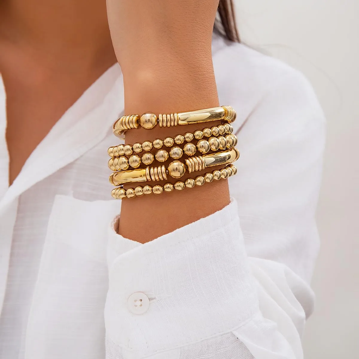 5pcs Layered Beaded Chunky Bracelets Set for Women Dainty Stretch Elastic Round Beads Tube Bangle Bracelets Boho Stackable Bracelets Trendy Jewelry