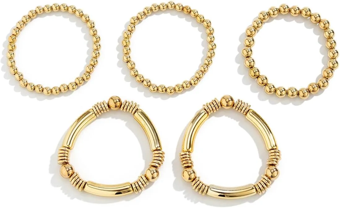5pcs Layered Beaded Chunky Bracelets Set for Women Dainty Stretch Elastic Round Beads Tube Bangle Bracelets Boho Stackable Bracelets Trendy Jewelry