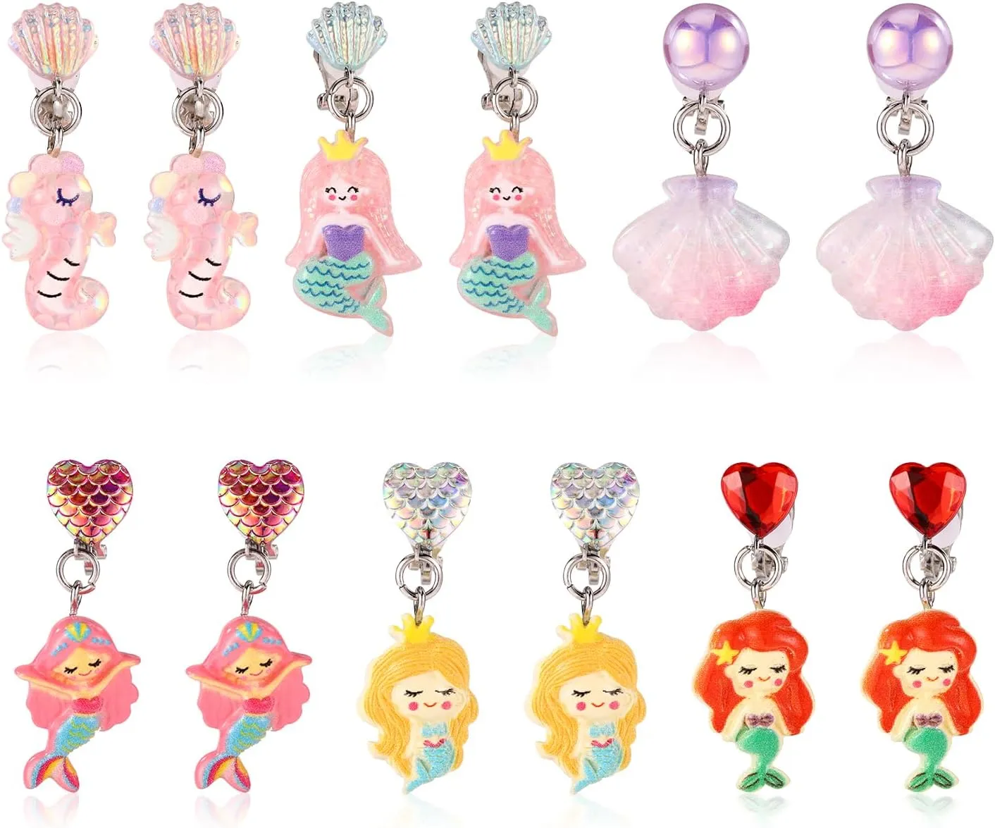 6 Pairs Colorful Clip On Drop Earrings, Sea Animal Clip On Earrings Mermaid Shell Seahorse Non-Pierced Clip On Princess Earrings for Dress Up Princess Jewelry Accessories