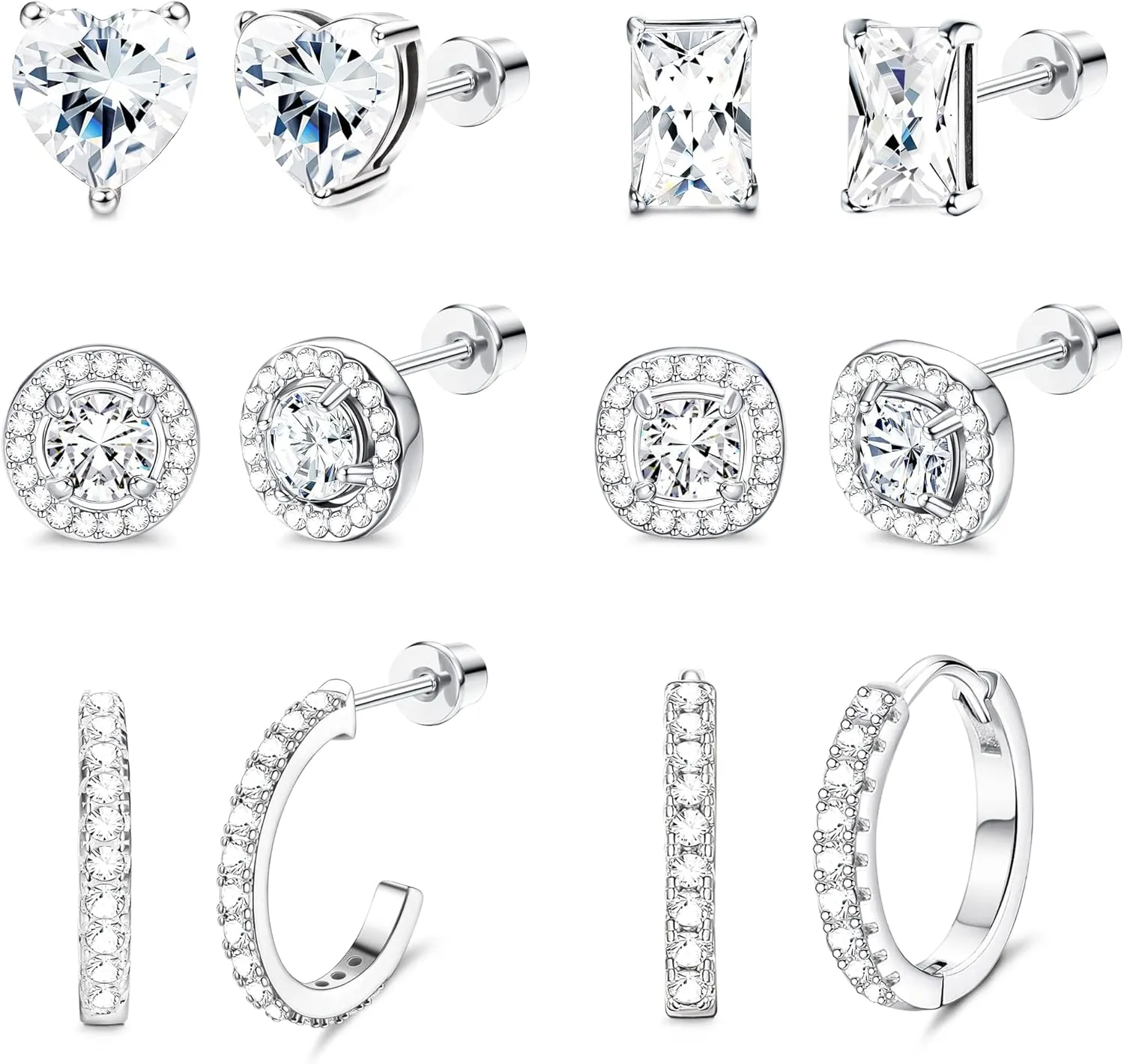6 Pairs CZ Stud Earrings For Women Men Round Square Teardrop Heart Screw Back Stud Earrings Small CZ Hoop Earrings Cubic Zirconia Halo Stud Earrings Set
