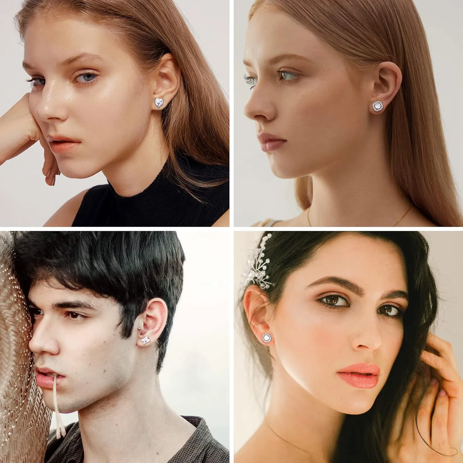 6 Pairs CZ Stud Earrings For Women Men Round Square Teardrop Heart Screw Back Stud Earrings Small CZ Hoop Earrings Cubic Zirconia Halo Stud Earrings Set