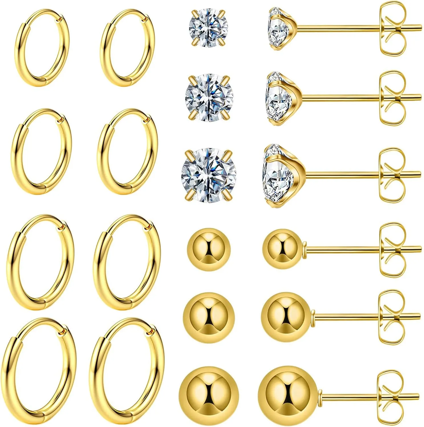 6 Pairs Stud Earrings Set, Hypoallergenic Cubic Zirconia Earrings 316L Stainless Steel CZ Earrings 3-8mm