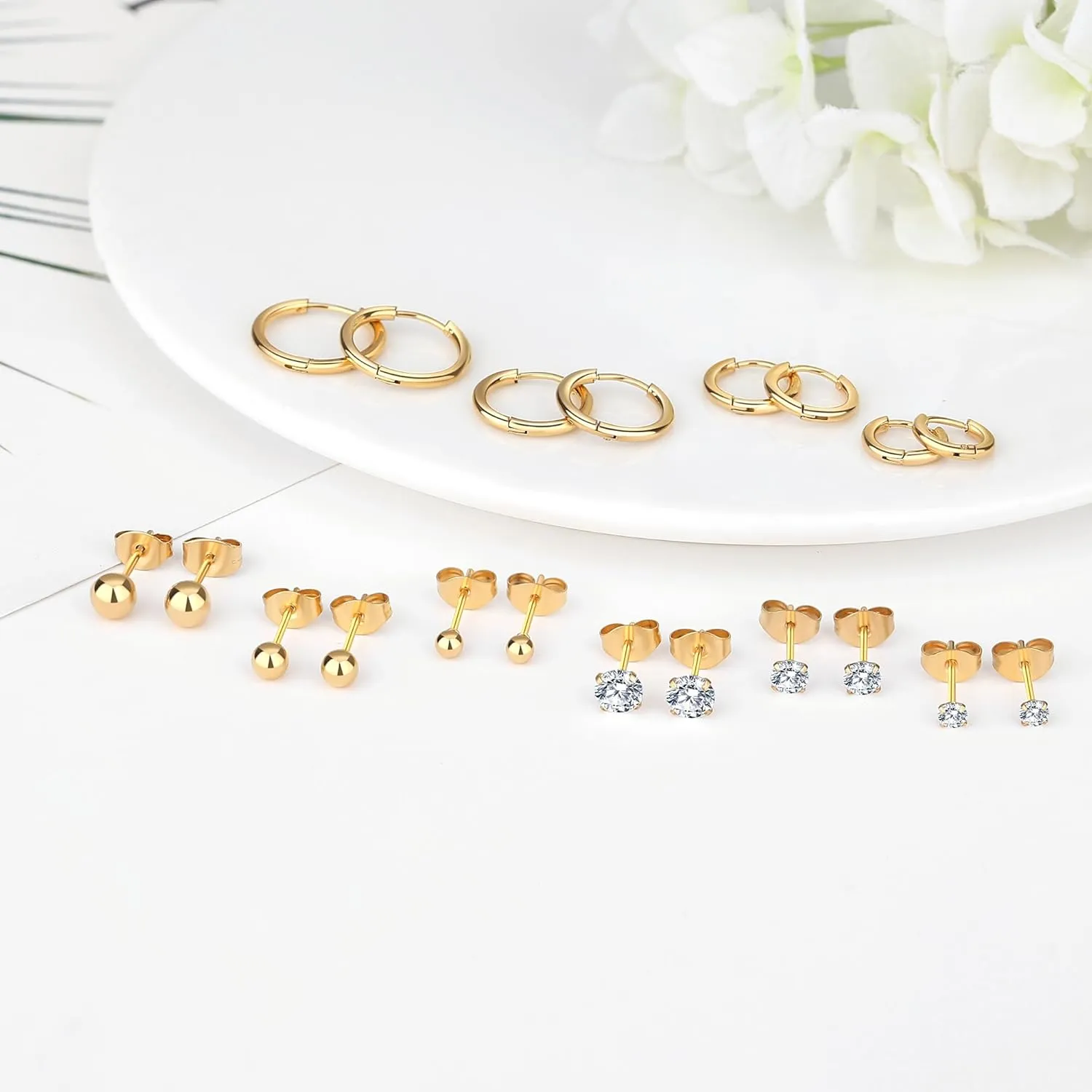 6 Pairs Stud Earrings Set, Hypoallergenic Cubic Zirconia Earrings 316L Stainless Steel CZ Earrings 3-8mm