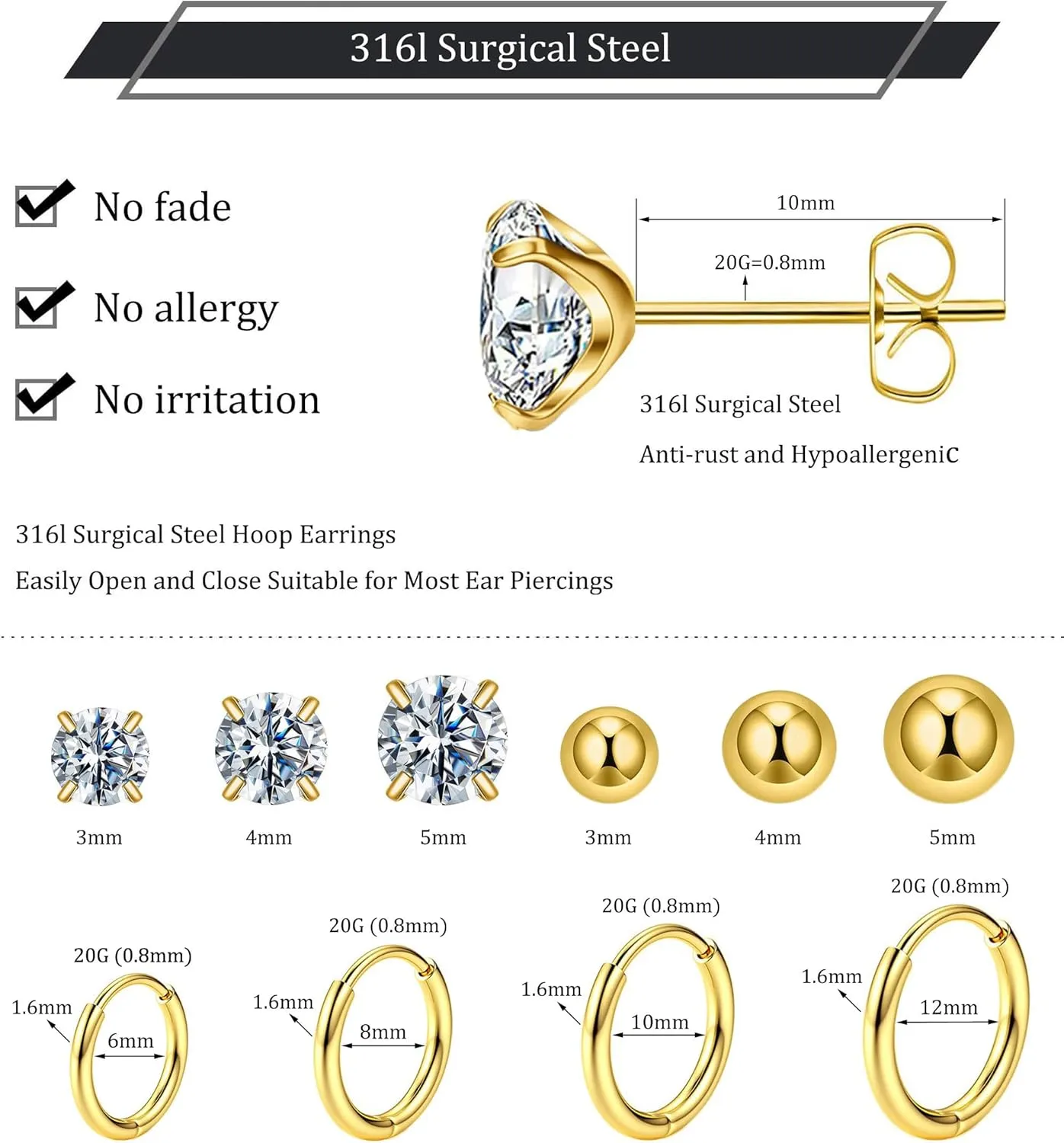 6 Pairs Stud Earrings Set, Hypoallergenic Cubic Zirconia Earrings 316L Stainless Steel CZ Earrings 3-8mm