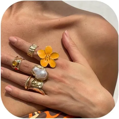 6Pcs/Set Summer Irregular Rhinestone Pearl Open Ring for Women Men Wedding Bridal Crystal Adjustable Knuckle Finger Ring Jewelry