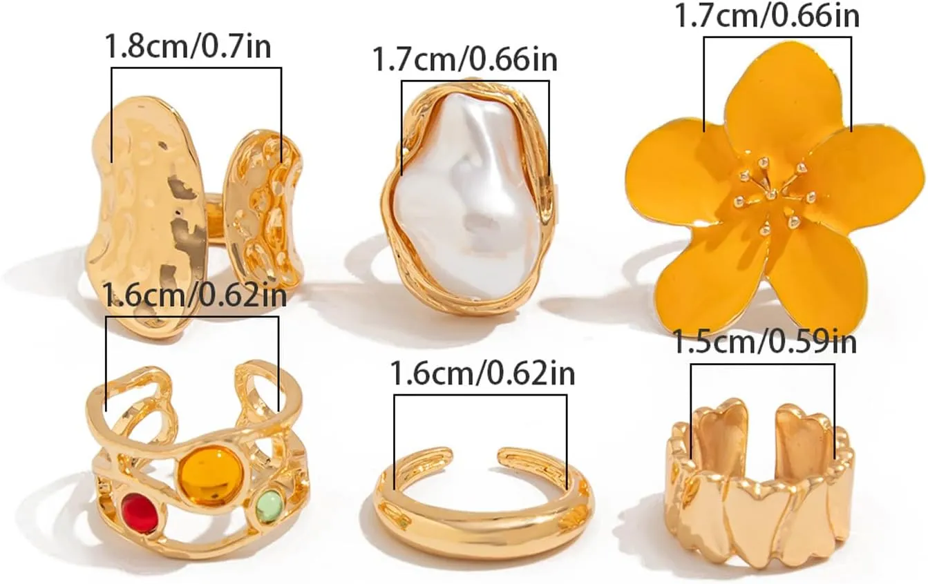 6Pcs/Set Summer Irregular Rhinestone Pearl Open Ring for Women Men Wedding Bridal Crystal Adjustable Knuckle Finger Ring Jewelry