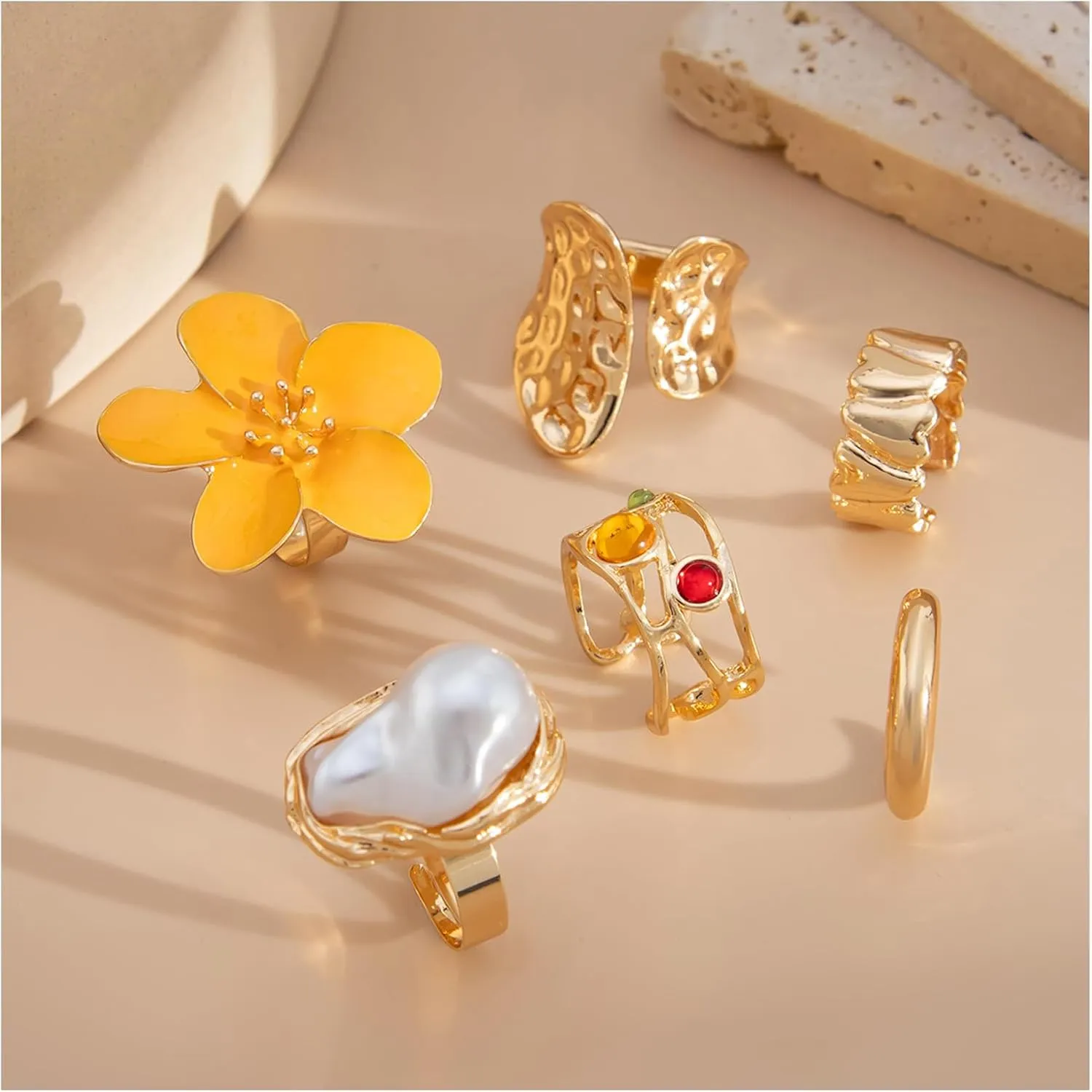 6Pcs/Set Summer Irregular Rhinestone Pearl Open Ring for Women Men Wedding Bridal Crystal Adjustable Knuckle Finger Ring Jewelry