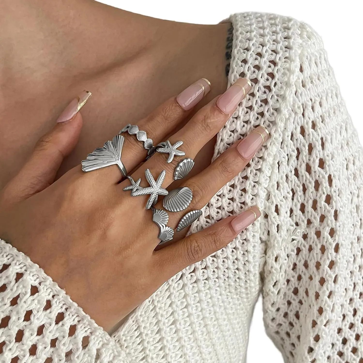 6Pcs/Set Summer Metal Shell Scallop Open Ring for Women Bikini Beach Starfish Finger Rings Wedding Bridal Adjustable Knuckle Finger Ring Jewelry