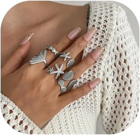 6Pcs/Set Summer Metal Shell Scallop Open Ring for Women Bikini Beach Starfish Finger Rings Wedding Bridal Adjustable Knuckle Finger Ring Jewelry