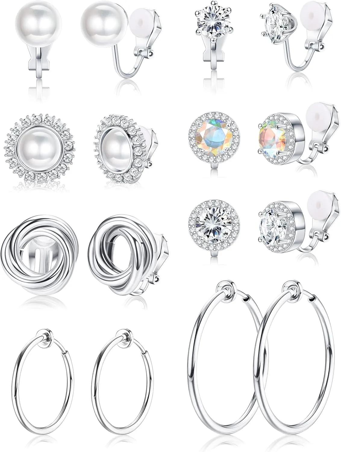 8 Pairs Clip On Earrings For Women Fashion CZ Knot Pearl Clip Earrings Cartilage Clip On Hoop Earrings Large Non Pierced Earrings 20mm 30mm