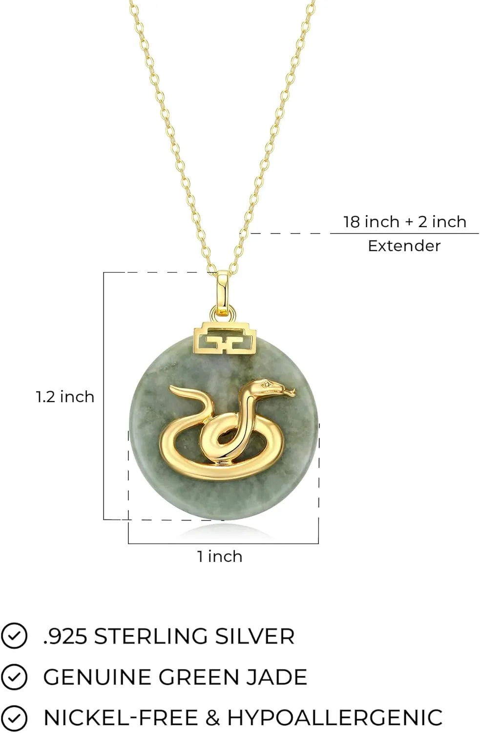 .925 Sterling Silver 18K Gold Plated Chinese Zodiac Sign Pendant Necklaces for Women - Hypoallergenic Genuine Green Jade Gold Necklace for Women Zodiac Year Jewelry, 18 inch Chain