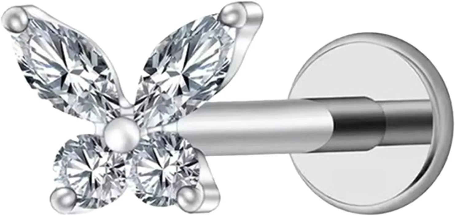 925 Sterling Silver Cartilage Stud Earrings 16g Internally Threaded Flat Back Earrings Butterfly Nose Stud for (A, E)