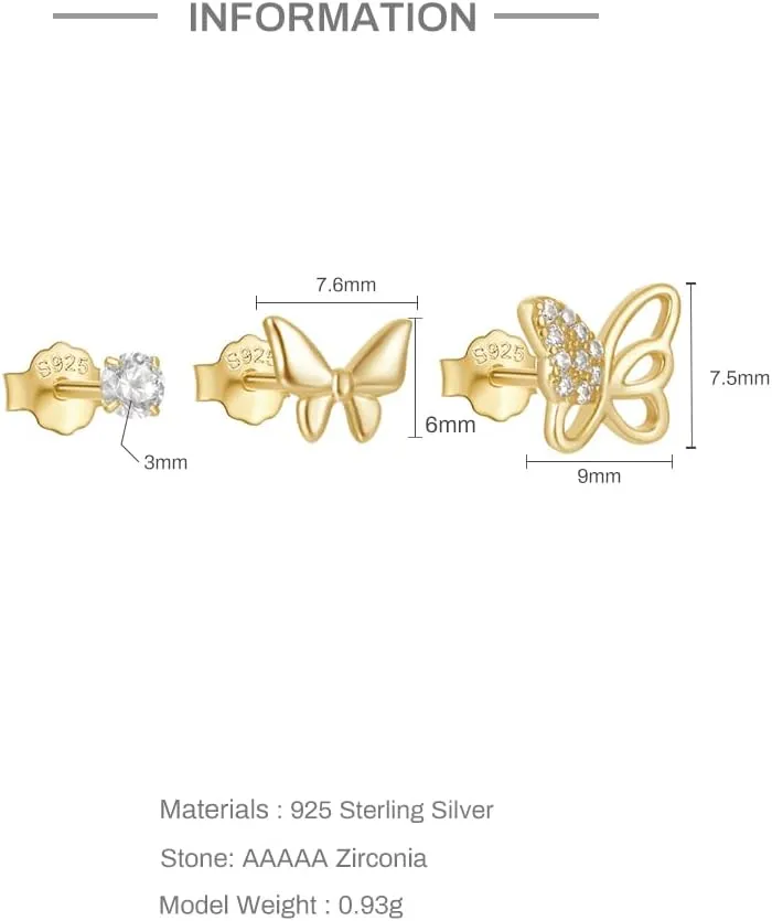 925 Sterling Silver Earring Set Flower/Star//butterfly 3Pieces Earrings For Women Piercing Wedding Party Jewelry