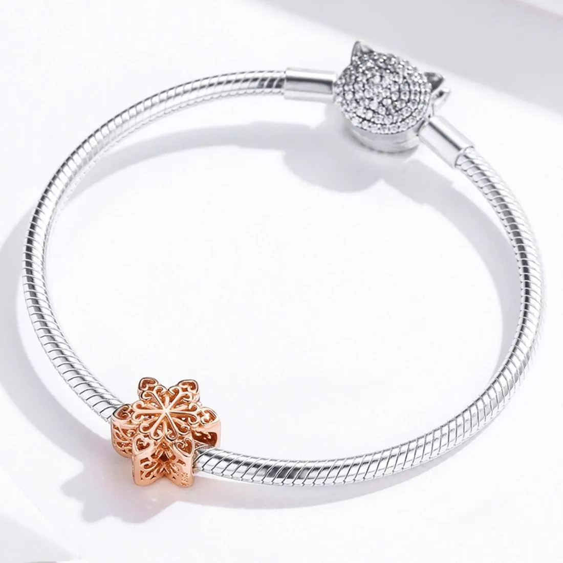925 Sterling Silver Rose Gold Snowflake Beads For Diy Bracelets & Necklaces