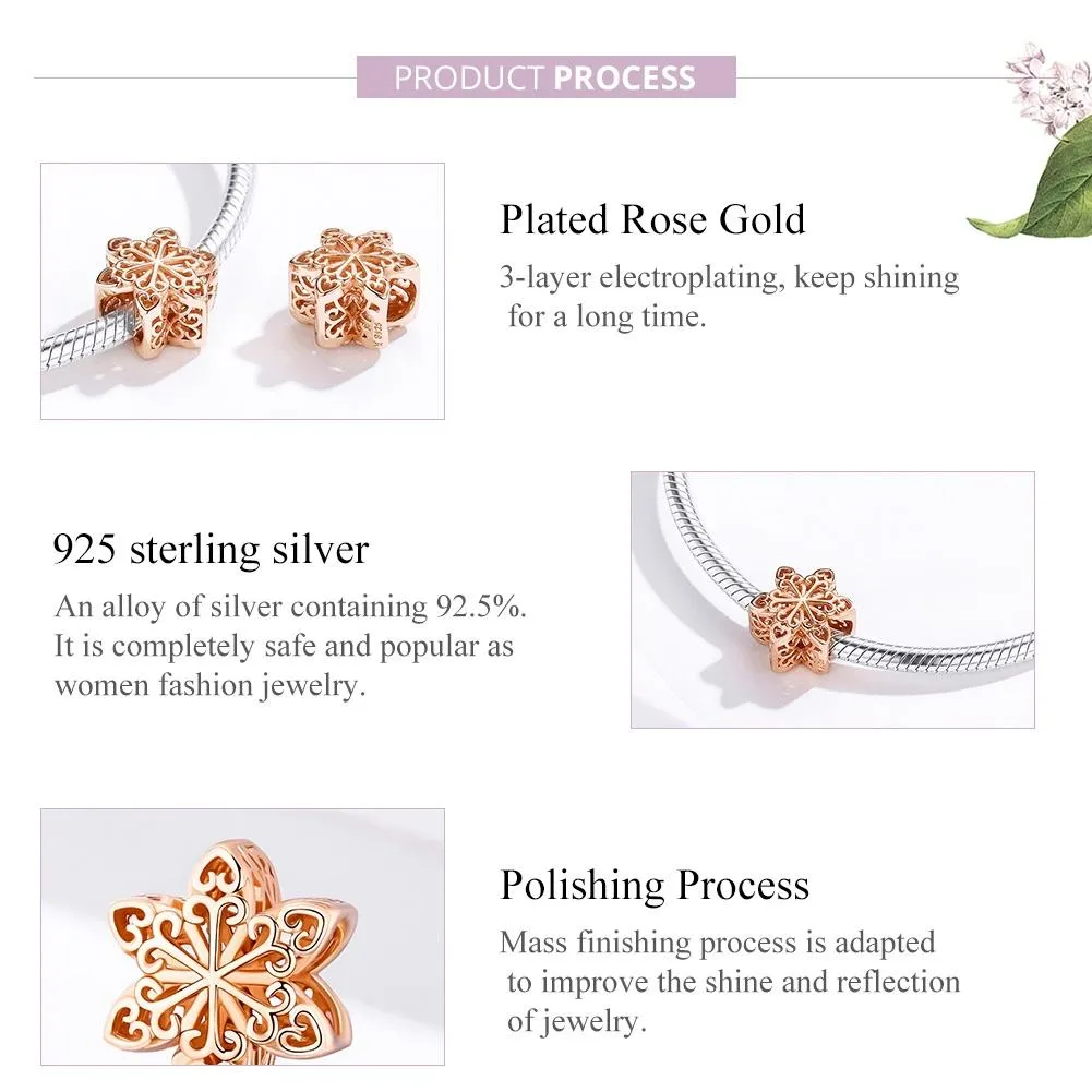 925 Sterling Silver Rose Gold Snowflake Beads For Diy Bracelets & Necklaces