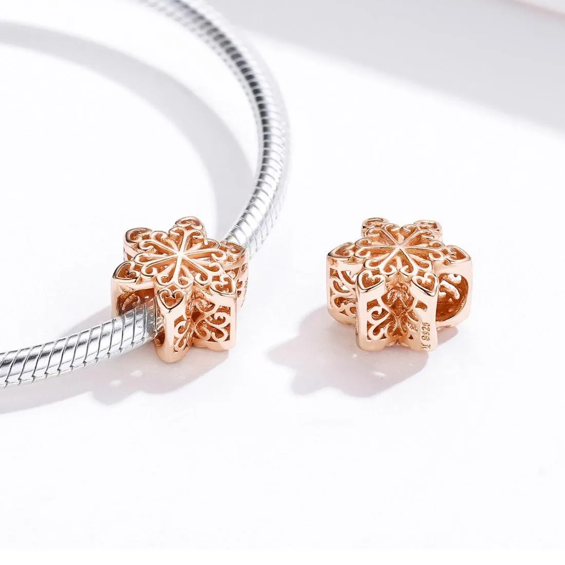 925 Sterling Silver Rose Gold Snowflake Beads For Diy Bracelets & Necklaces