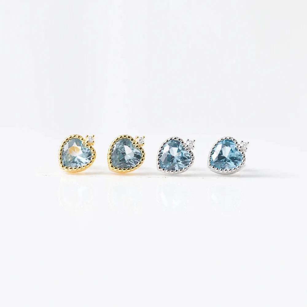 925 Sterling Silver Stud Earring Charm Jewelry - Sapphire Heart Shaped - Xm251-E