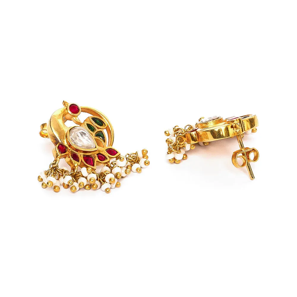 92.5 Sterling Silver Swan Motif Kundan Stud Earrings