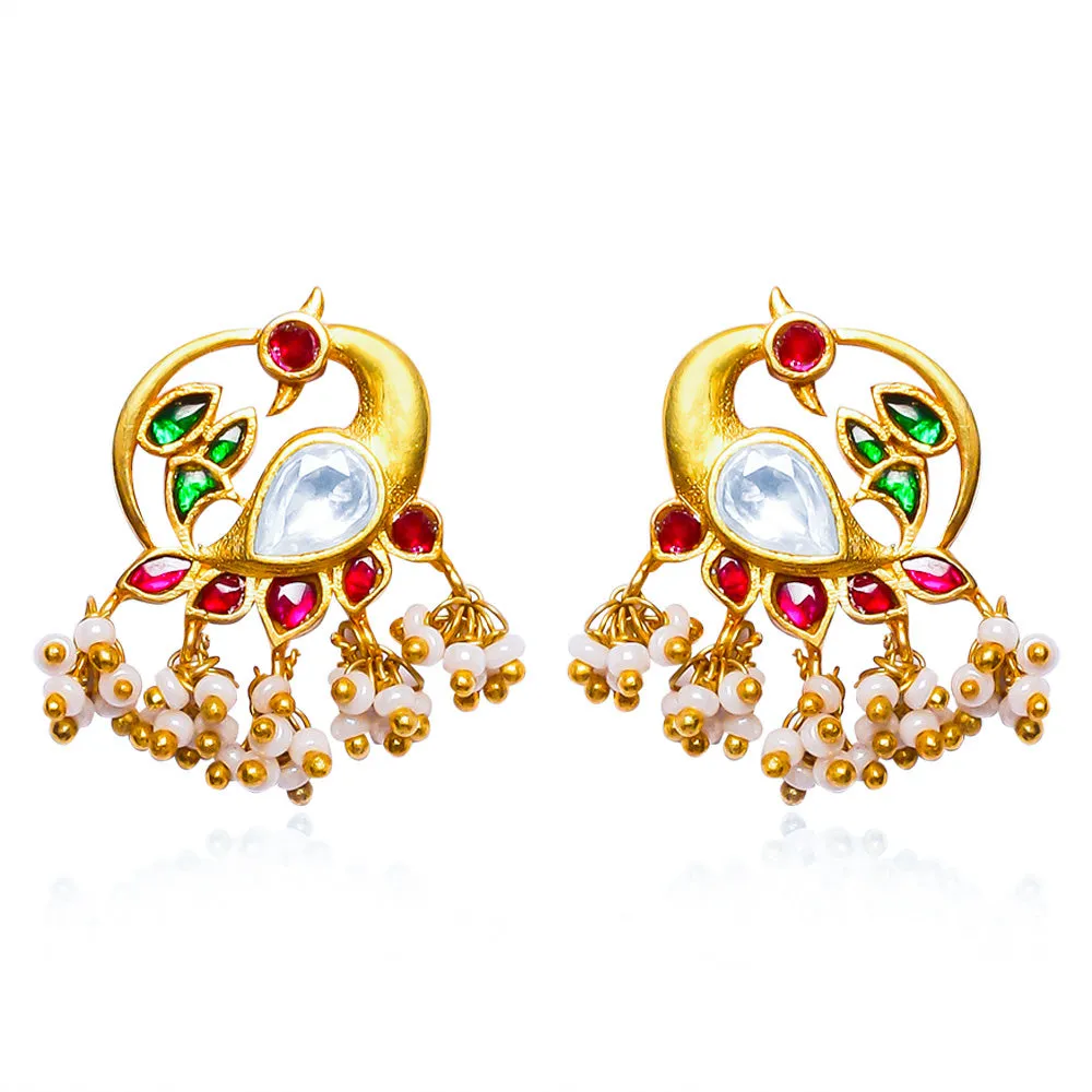 92.5 Sterling Silver Swan Motif Kundan Stud Earrings