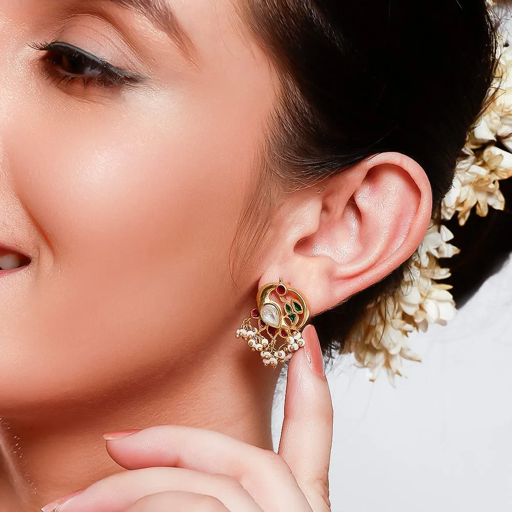 92.5 Sterling Silver Swan Motif Kundan Stud Earrings