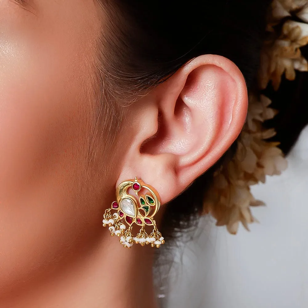 92.5 Sterling Silver Swan Motif Kundan Stud Earrings