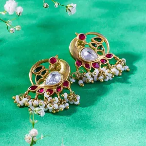 92.5 Sterling Silver Swan Motif Kundan Stud Earrings