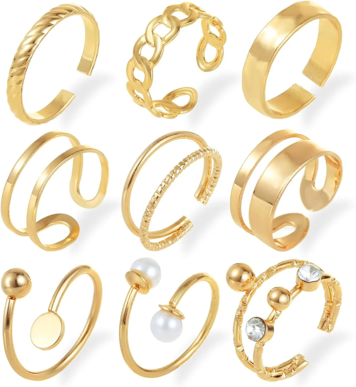 9Pcs Gold Adjustable Rings for Women Stackable Knuckle Ring Set with Pearl Exquisite Simple Fashion Jewelry for Thumb and Knuckles Adjustable Size in Pink Box