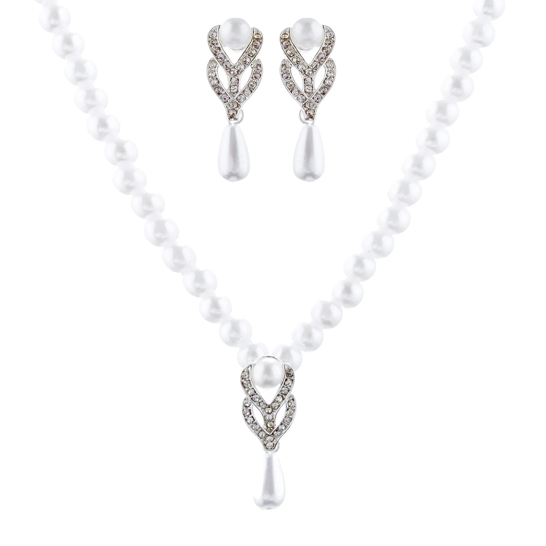 Accessoriesforever Bridal Wedding Prom Jewelry Set Crystal Vintage Single Strand Pearls Necklace Silver