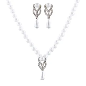 Accessoriesforever Bridal Wedding Prom Jewelry Set Crystal Vintage Single Strand Pearls Necklace Silver