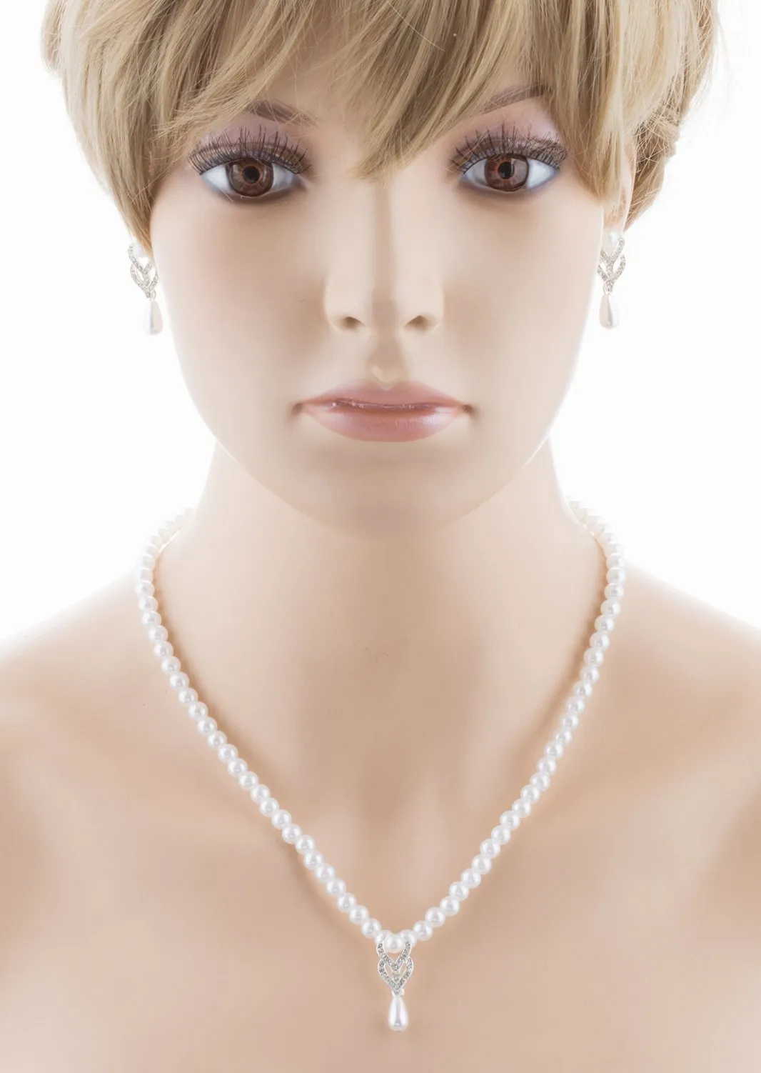 Accessoriesforever Bridal Wedding Prom Jewelry Set Crystal Vintage Single Strand Pearls Necklace Silver