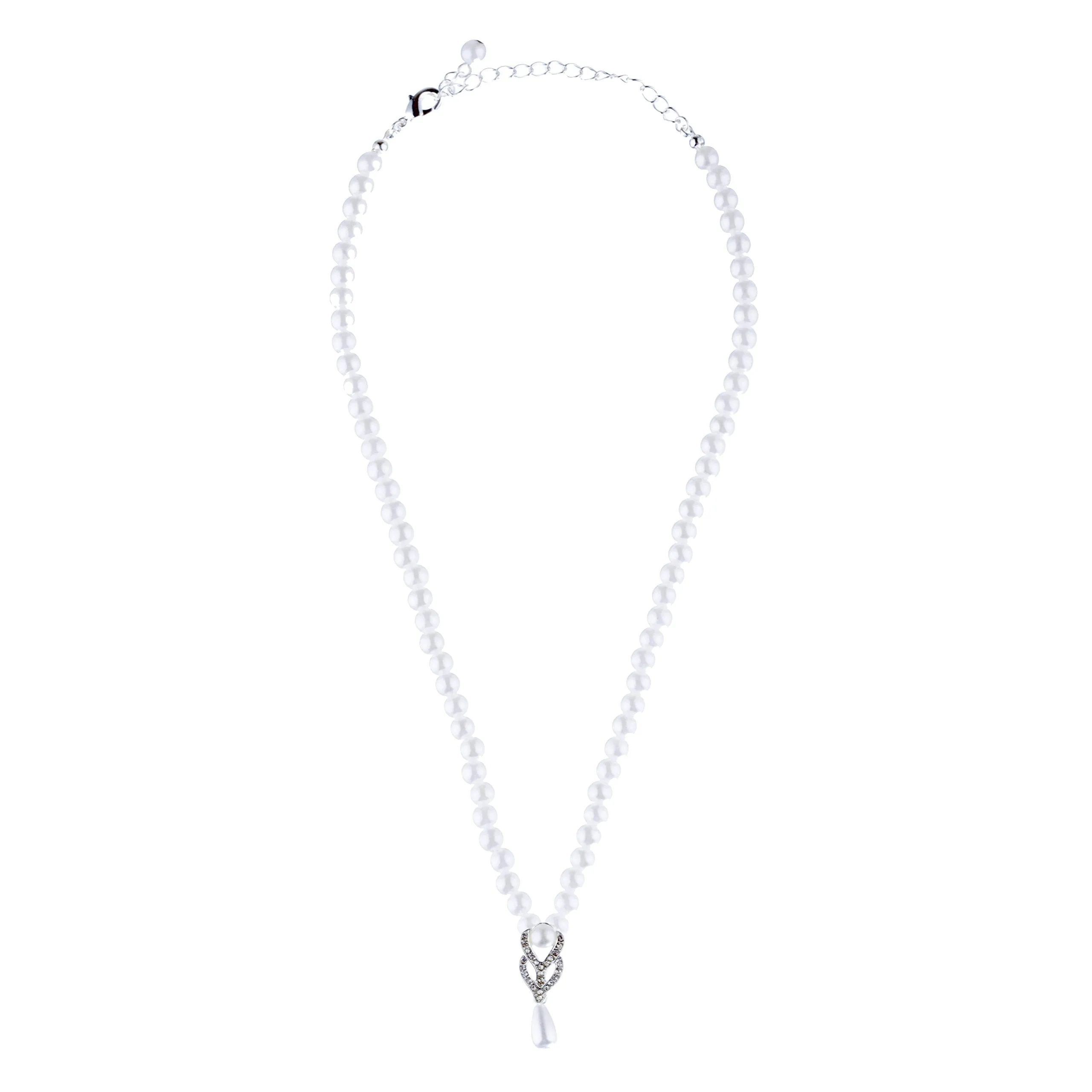 Accessoriesforever Bridal Wedding Prom Jewelry Set Crystal Vintage Single Strand Pearls Necklace Silver