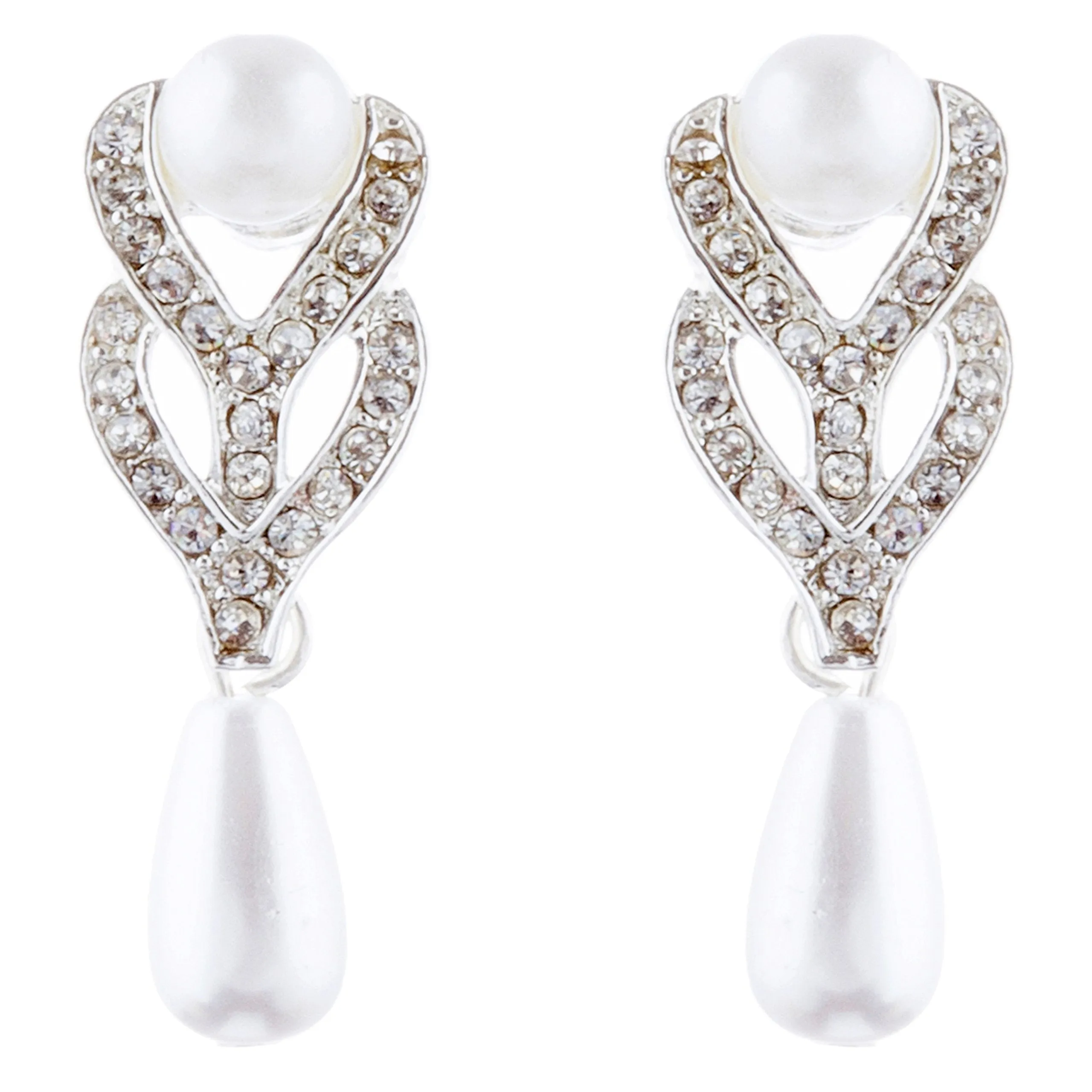 Accessoriesforever Bridal Wedding Prom Jewelry Set Crystal Vintage Single Strand Pearls Necklace Silver