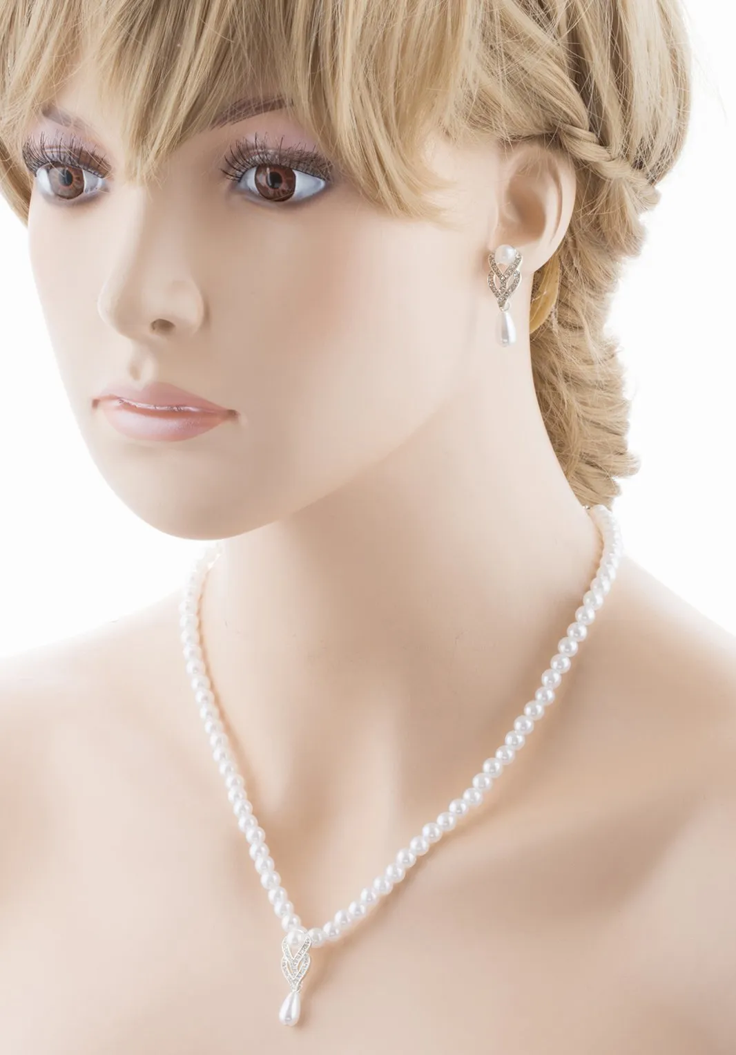 Accessoriesforever Bridal Wedding Prom Jewelry Set Crystal Vintage Single Strand Pearls Necklace Silver