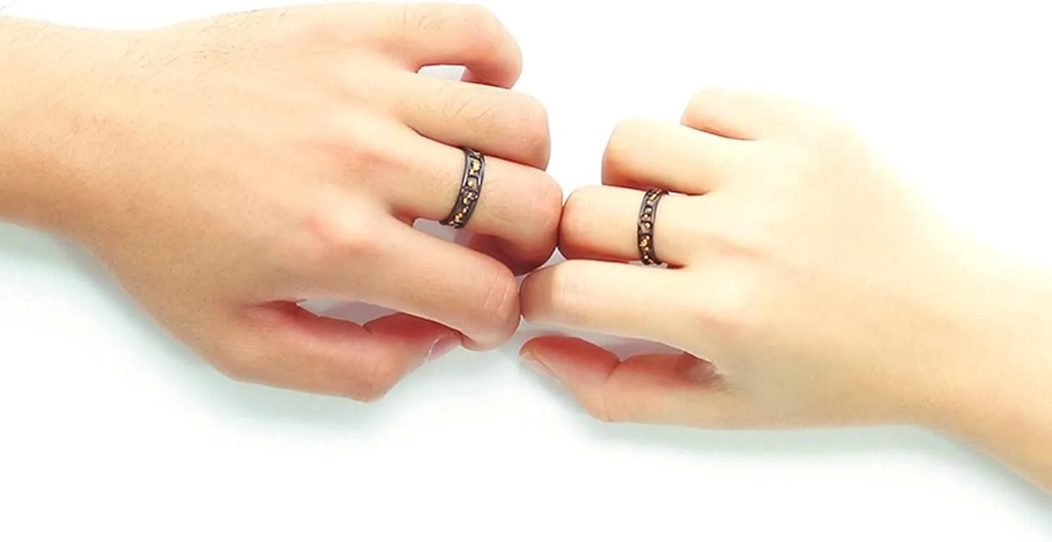 Adjustable Engagement Rings for Couples, Sterling Silver Promise Rings with Black Gold Hollow Out Band Couple Adjustable Band Jewelry Gift