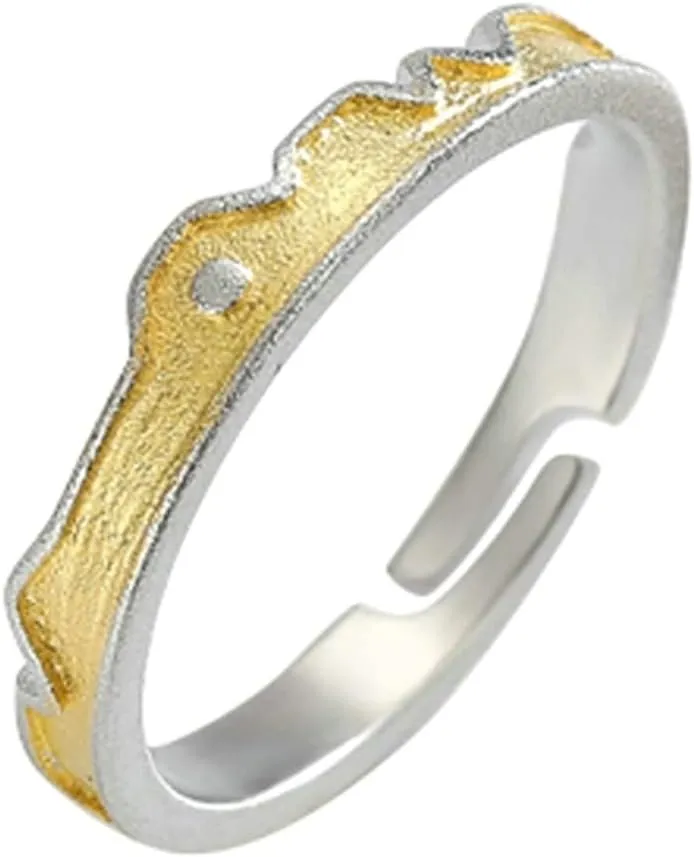 Adjustable Promise Rings, Sterling Silver Band with Silver Gold Castle Couple Adjustable Band Jewelry Gift