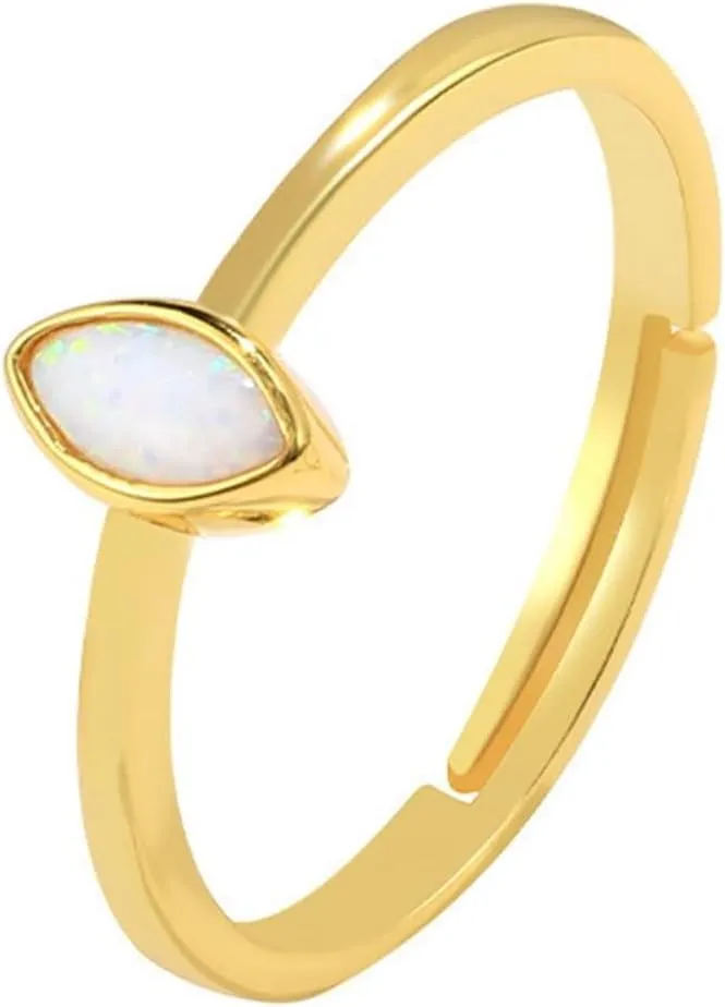 Adjustable Rings for Adults, Gold Knuckle Rings Oval with White Marquise Shape Opal S925 Sterling Silver Adjustable