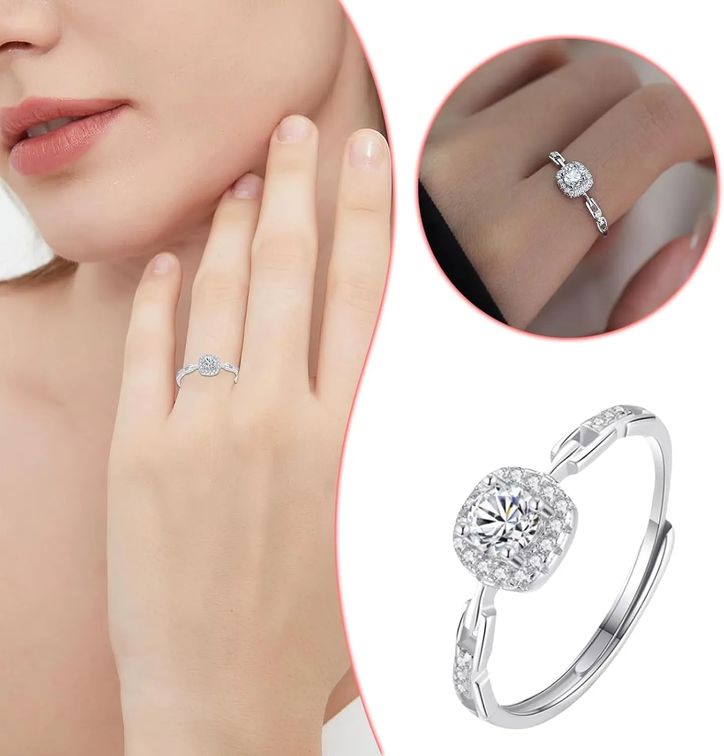 Adjustable S925 Sterling Silver Ring for Women, Paved Cubic Zirconia Stone Stackable Open Ring, Adjustable Rings for Women