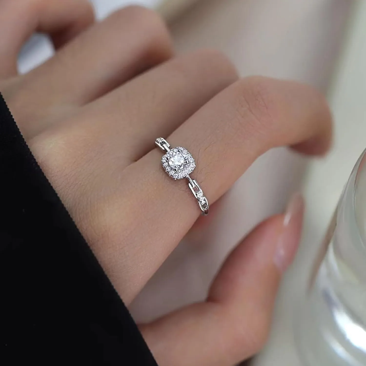 Adjustable S925 Sterling Silver Ring for Women, Paved Cubic Zirconia Stone Stackable Open Ring, Adjustable Rings for Women
