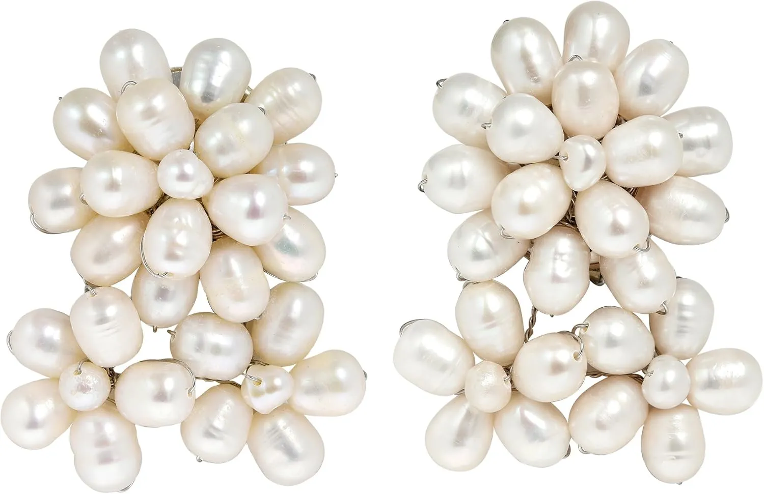 AeraVida Floral Cultured Freshwater White Pearls Clip on Non Piercing Earrings | White Clip on Earrings | Freshwater Beaded Pearl Clip on Earrings | Floral Clip On Earrings for Women