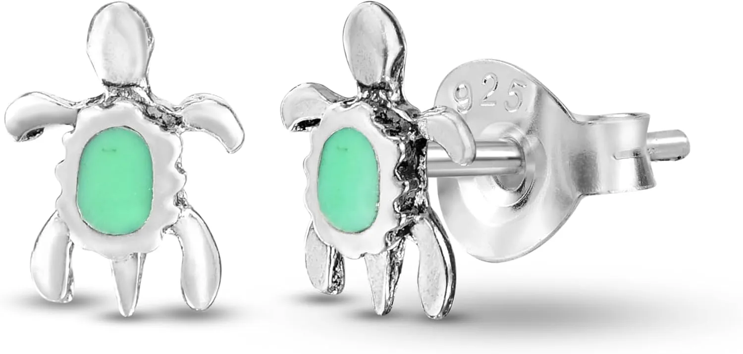 AeraVida Tiny Turtles with Simulated Green Turquoise Inlay .925 Sterling Silver Stud Earrings | Tiny Turtle Stud Earrings | Sterling Silver Turtle Stud Earrings