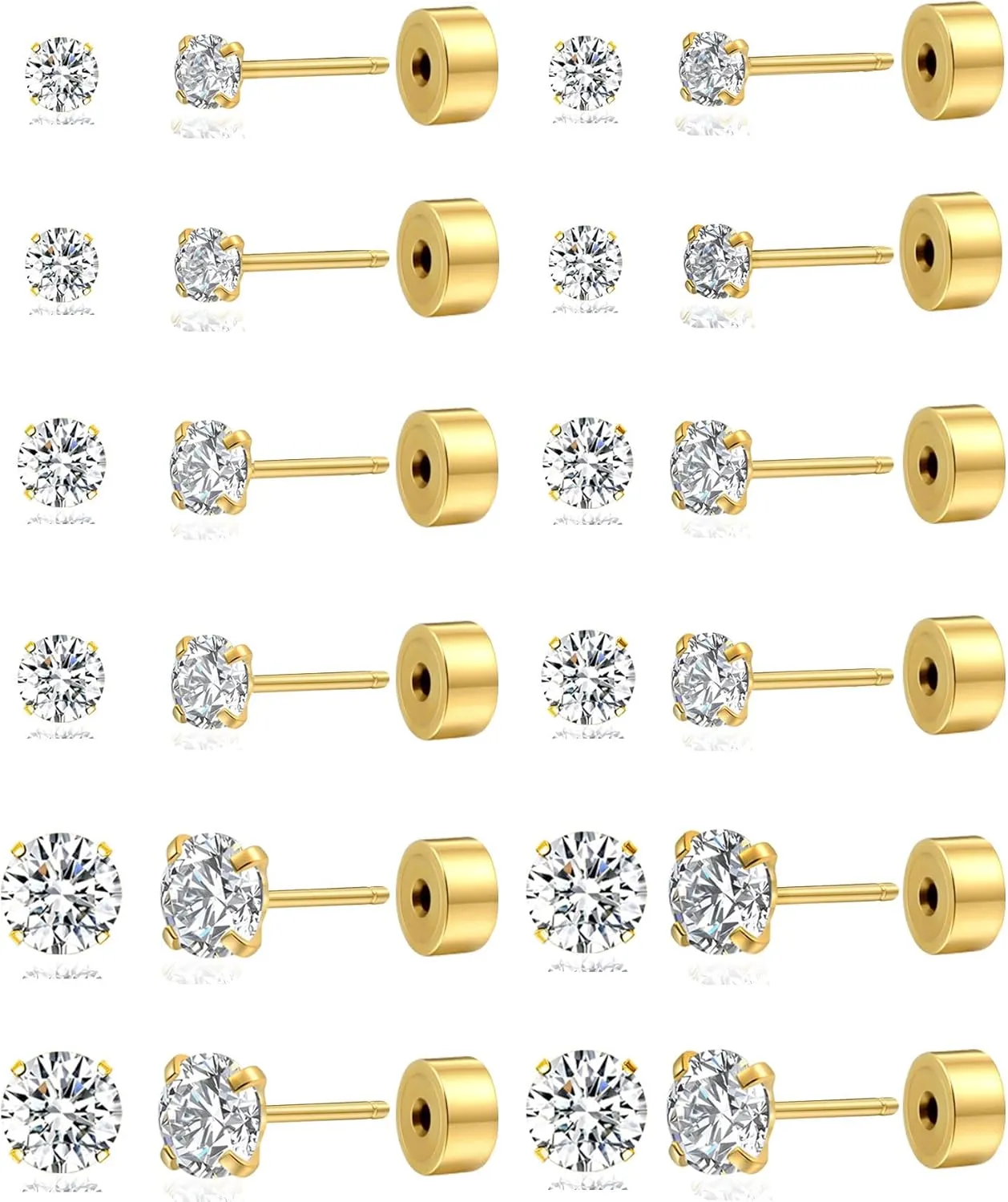 Akeoqi 12 Pairs Threadless Flat Back Earrings Push-in Stud Earring Stainless Steel Cubic Zirconia Cartilage Stud Earrings Set for Women Men Silver Gold Tone 20G 2-4mm